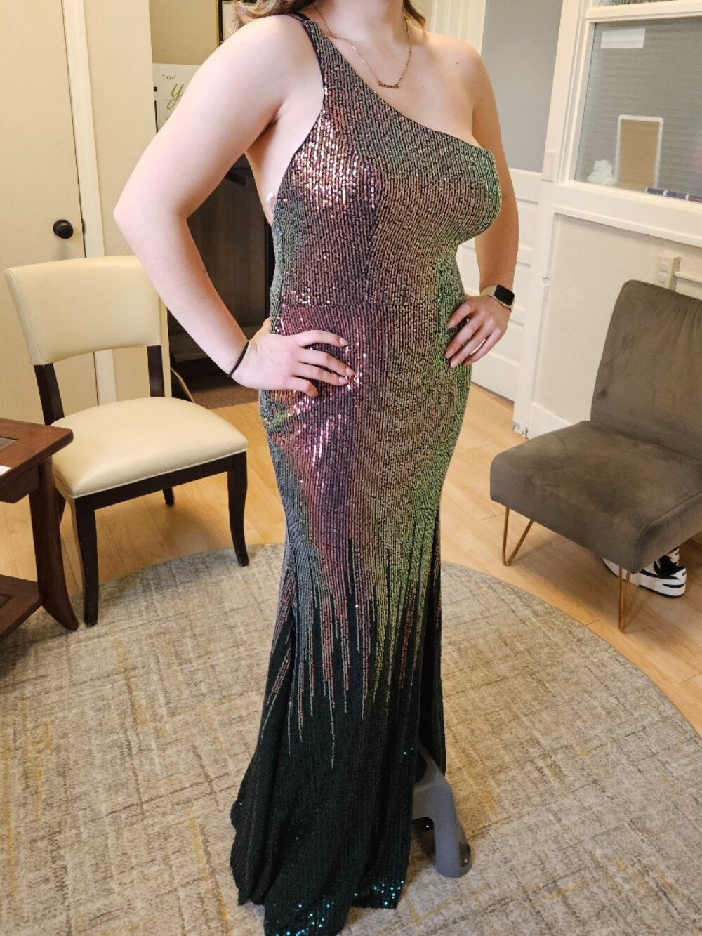 Size XL green and multi one shoulder sequin sheath gown with leg slit by Dancing
